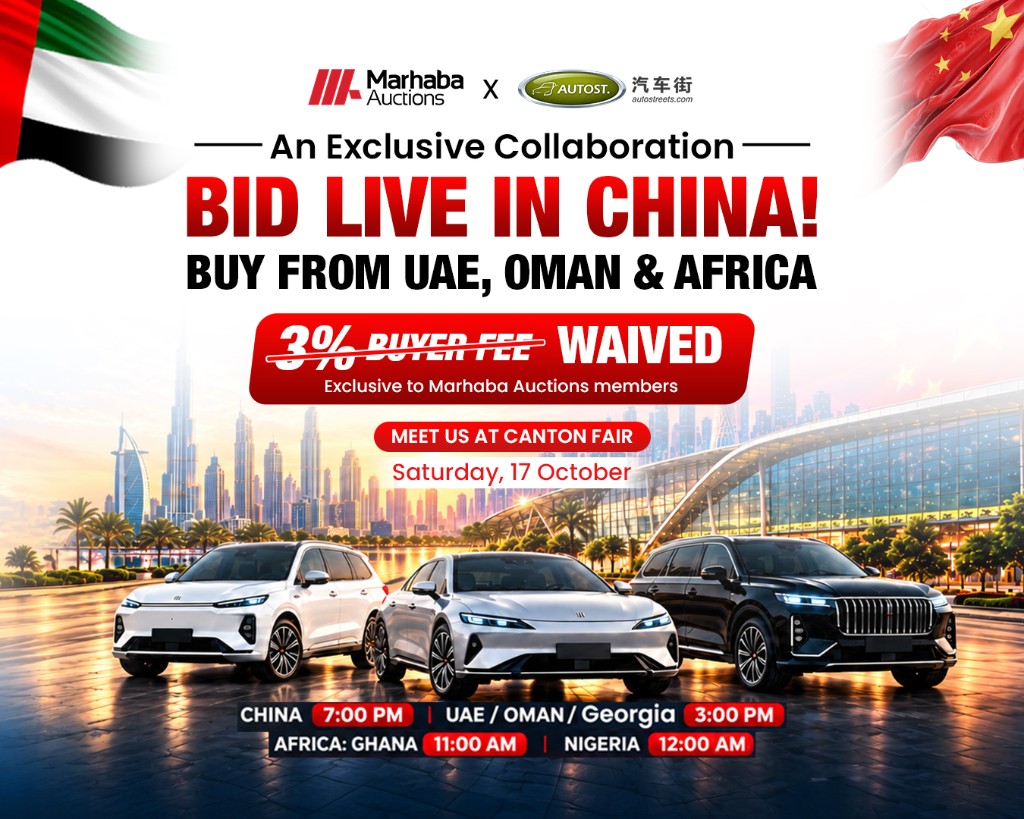 Bid live in China — exclusive partnership, Marhaba Auctions × Autostreets. Saturday 17 October 2026. 3% buyer fee waived for Marhaba Auctions members.
